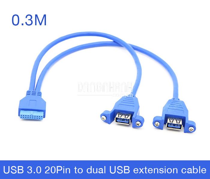 Cáp 20Pin Female to 2 USB 3.0 Female bắt vít 0.3M