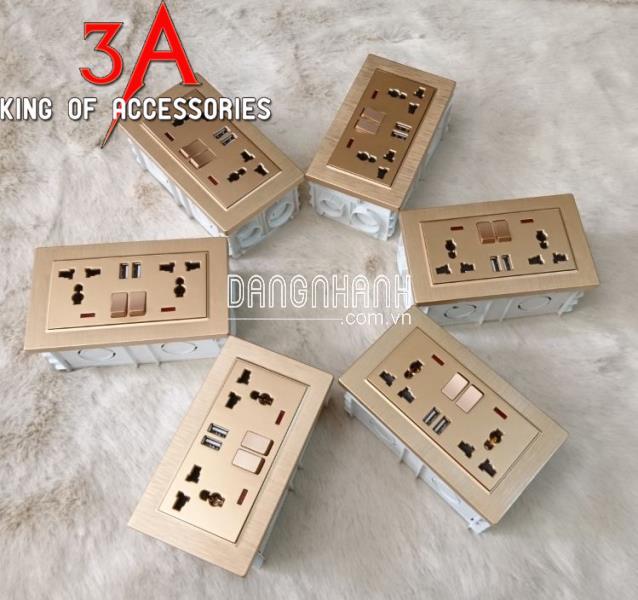 Ổ cắm đa năng 3 châu đôi có 2 cổng USB - Âm tường ( màu vàng kim )