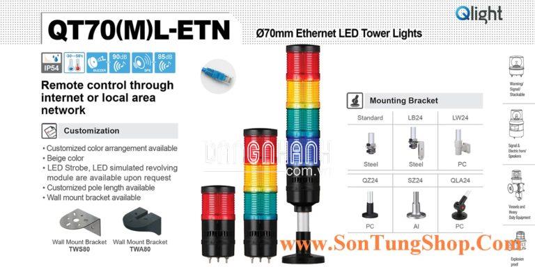 QT70L-ETN-WP-2-24-RB-LW24 Đèn Tầng USB Qlight Φ70 Bóng LED 2 Tầng Còi 5 Âm Báo 85dB IP54