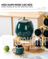 Bộ Chum Đựng Nước & Rượu, Kèm Tách Bằng Gốm Sứ & Kệ Gỗ Sang Trọng | Màu Xanh Ngọc Lục Bảo Cao Cấp