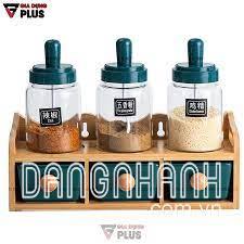 Set Đựng Gia Vị Muỗng Kèm Nắp & Hủ Gia Vị Sứ | Màu Xanh Ngọc Lục Bảo Sang Trọng | Kèm Kệ Gỗ Chắc Chắn