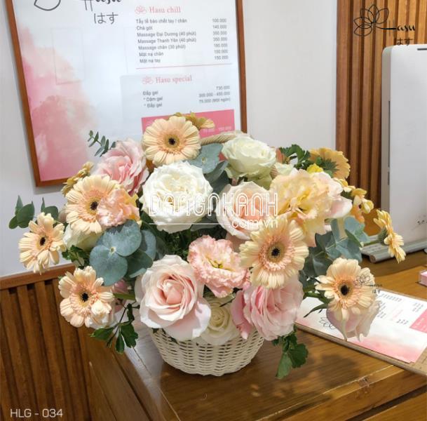 LẴNG HOA CHÚC MỪNG HLG - 034 GIỎ HOA TONE CAM PASTEL