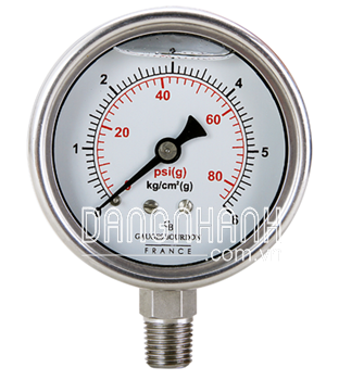 Đồng hồ mặt 150 inox, chân inox. Thang đo: 0 tới 2.5 (Psi)