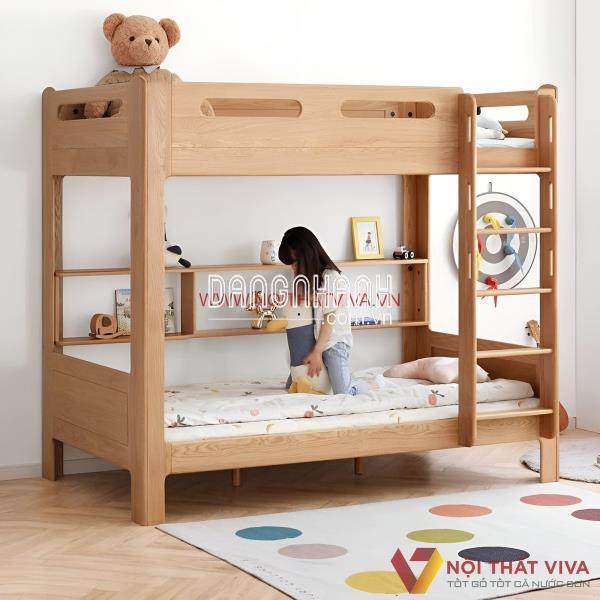 Giường 2 Tầng Cho Bé Gỗ Sồi Tự Nhiên Kèm Kệ Để Đồ Đẹp Hiện Đại