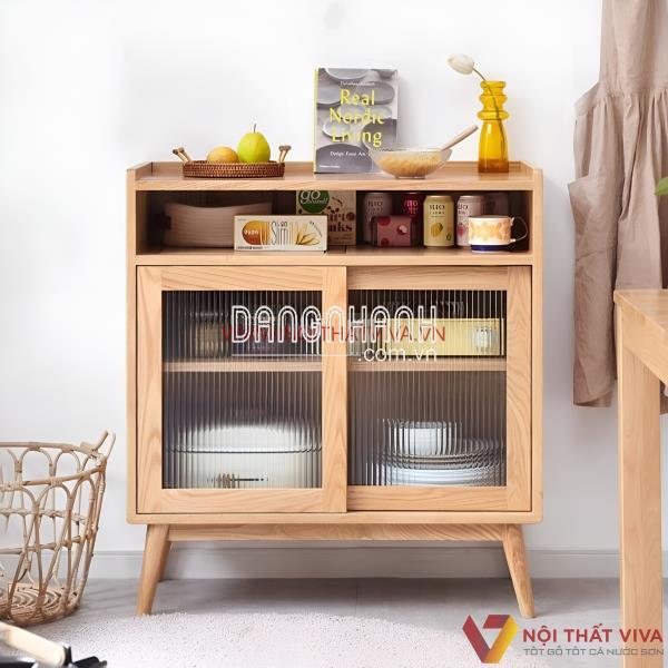 Tủ Chén Nhỏ Gọn Thiết Kế Chân Cao Cùng Hai Cánh Cửa Lùa Ốp Kính Đẹp
