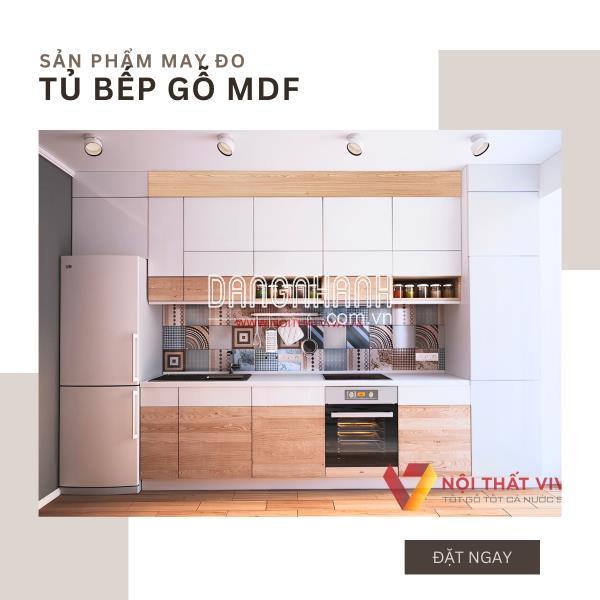 Tủ Bếp Gỗ MDF Phủ Melamine Màu Vàng Vân Gỗ Phối Trắng Đẹp Giá Rẻ