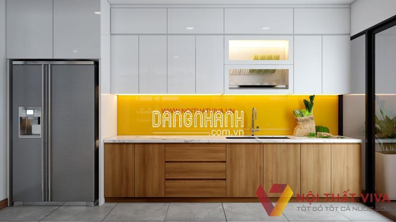 Mẫu Tủ Bếp Âm Tường Gỗ MDF Melamine Màu Vàng Phối Trắng Đẹp Giá Rẻ