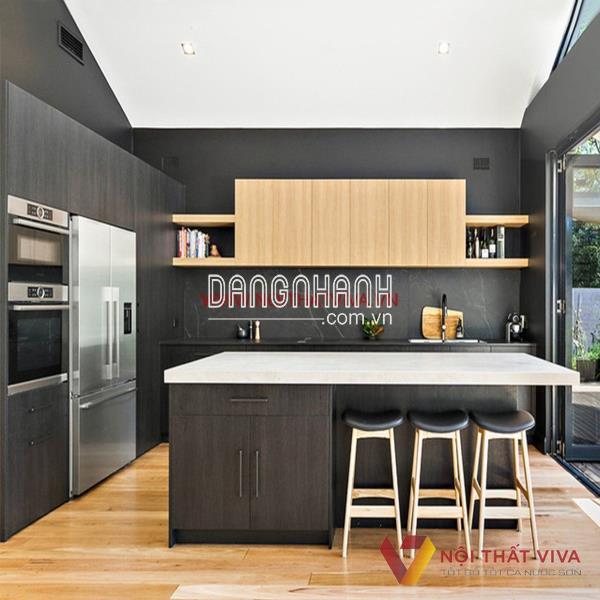 Mẫu Tủ Bếp Gỗ Công Nghiệp Chữ L Mdf Melamine Kết Hợp Đảo Đá Cao Cấp
