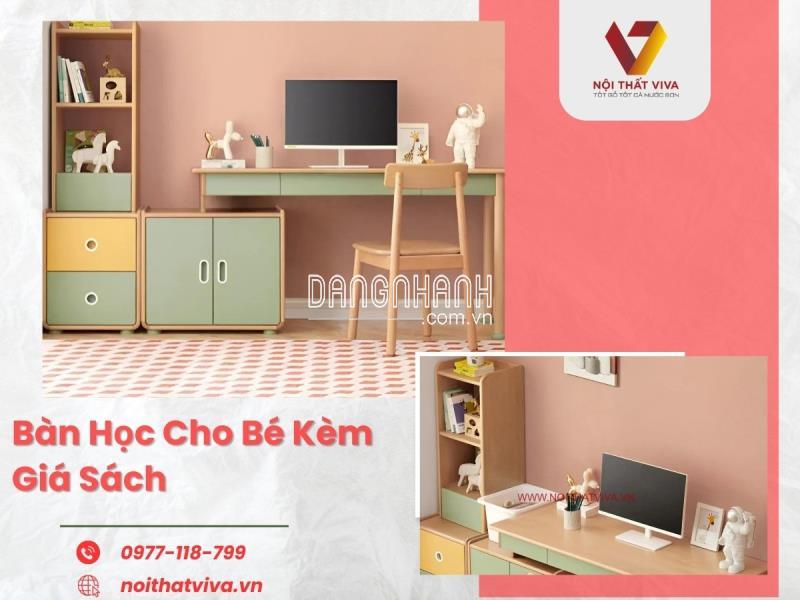 Bàn Học Cho Bé Kèm Giá Sách Gỗ Tự Nhiên Đẹp Hiện Đại