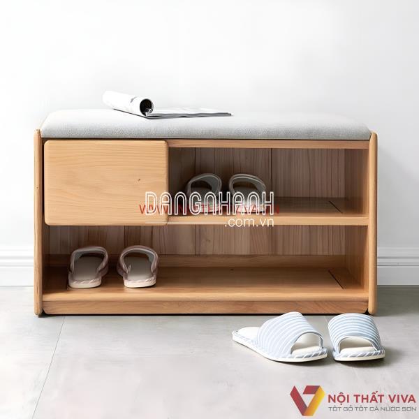 Kệ Để Giày Dép Bằng Gỗ Tự Nhiên Hai Ngăn Kết Hợp Ghế Ngồi Bền Đẹp