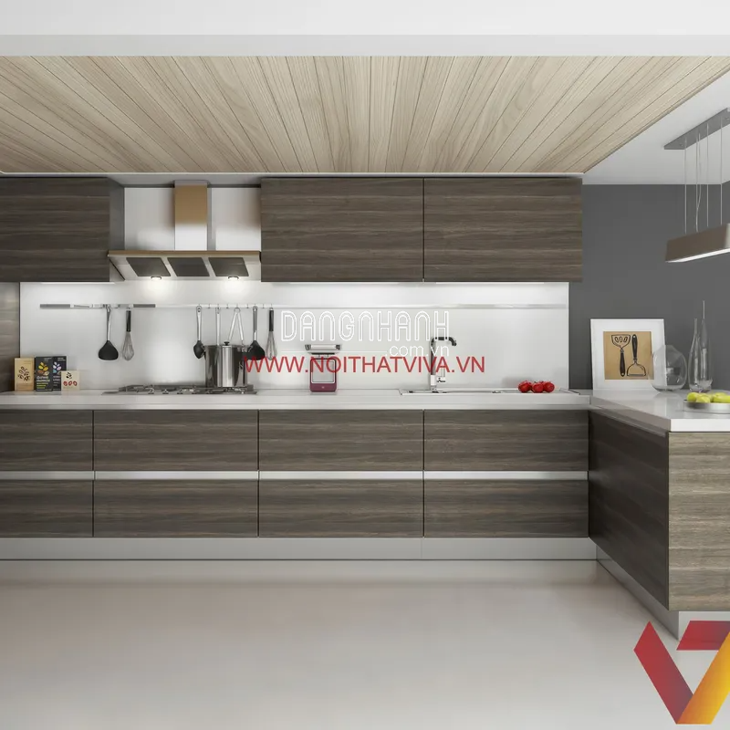 Tủ Bếp Gỗ Đẹp Hiện Đại Thiết Kế Kiểu Chữ U Kết Hợp Quầy Bar Sang Trọng