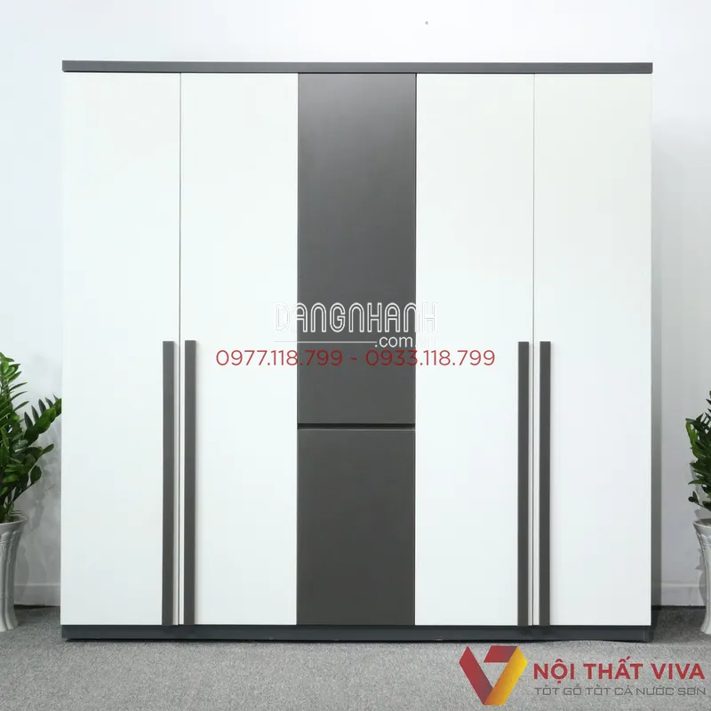 Tủ Quần Áo Lớn 5 Cánh Gỗ MDF Màu Xanh Đen Cửa Trắng Hiện Đại