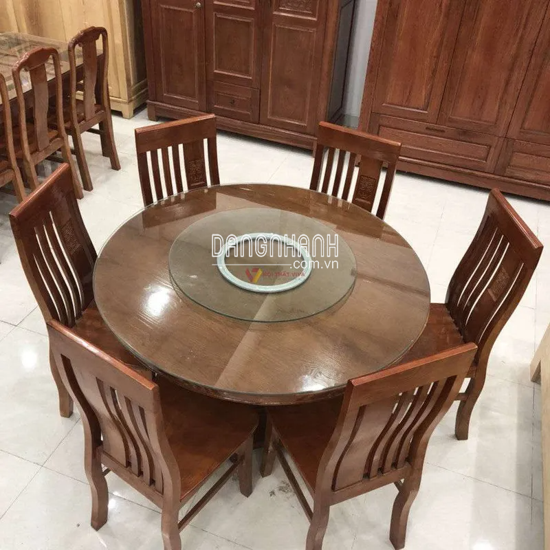  Bộ Bàn Ăn Tròn Mâm Xoay Kính Gỗ Sồi 6 Ghế Màu Cánh Gián