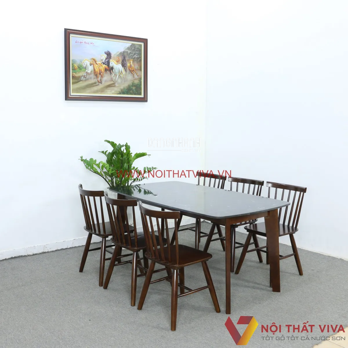 Bộ Bàn Ăn Mặt Đá 6 Ghế Giá Rẻ Gỗ Cao Su Chân Vát Đẹp Hiện Đại