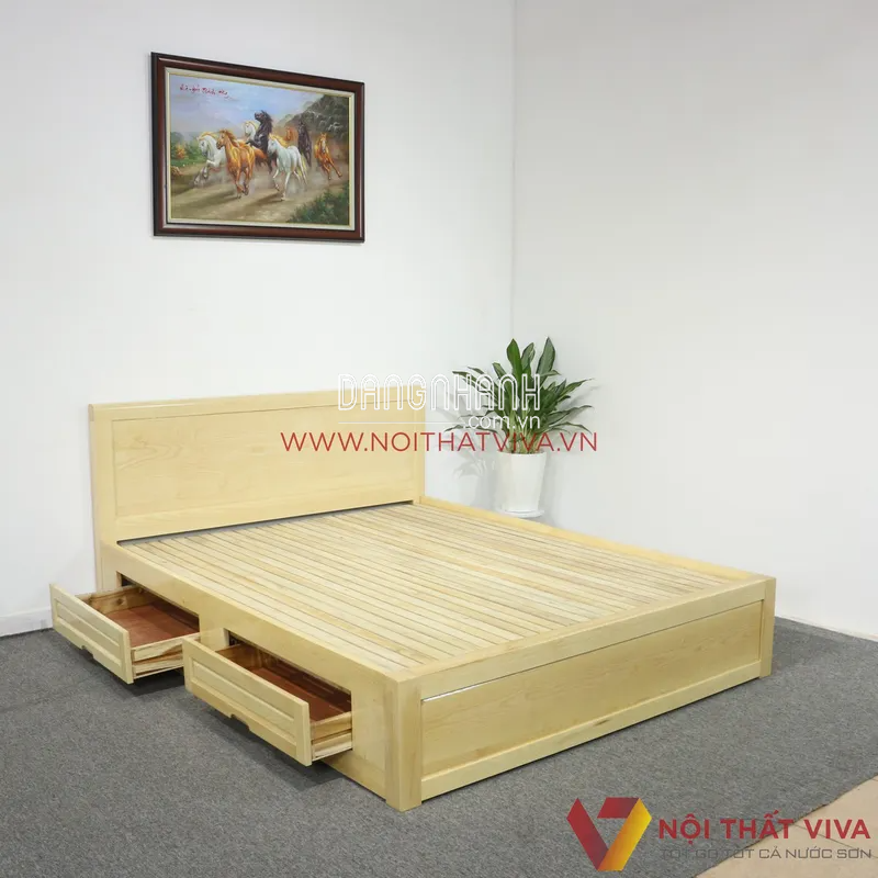 Giường Gỗ Sồi 1M8X2M Ngăn Kéo Màu Tự Nhiên Giá Rẻ