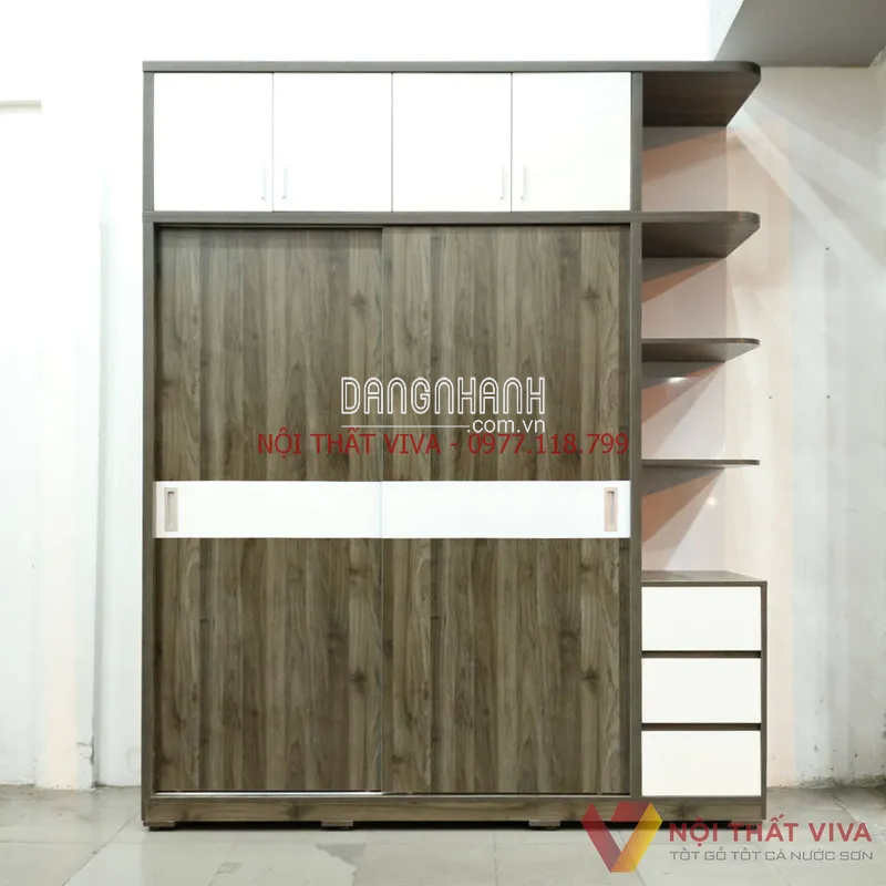 Mẫu Tủ Quần Áo Kịch Trần Cửa Lùa Gỗ MDF Melamine Màu Xám Rêu Chỉ Trắng