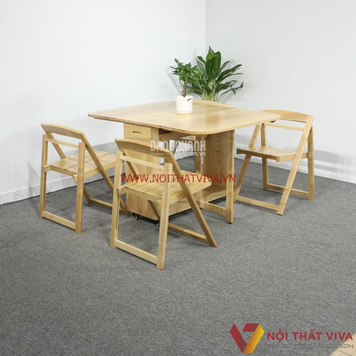 Bàn Ăn Thông Minh Gấp Gọn Gỗ Sồi Tự Nhiên 4 Ghế Đẹp Giá Rẻ