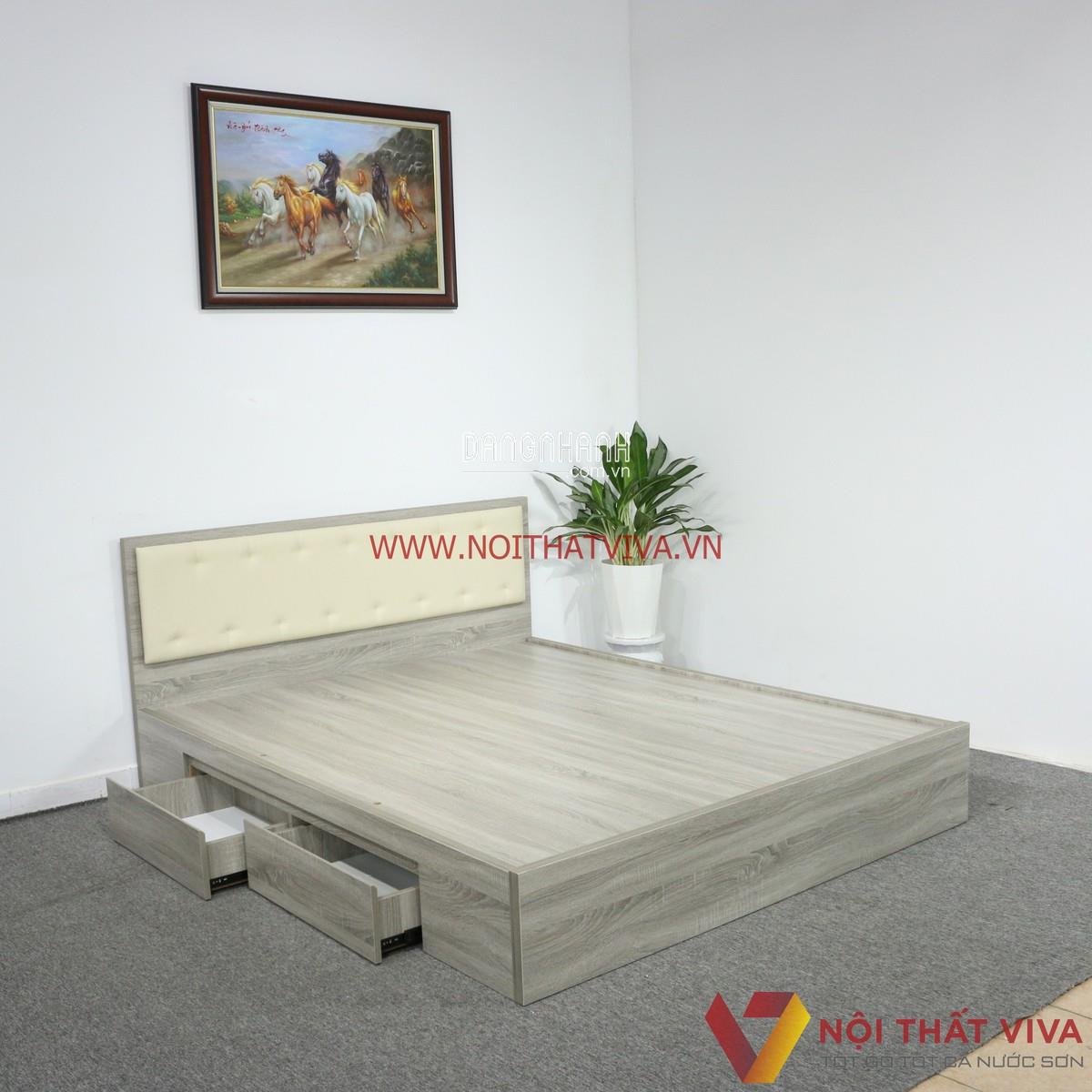 Giường Gỗ Có Ngăn Kéo Gỗ MDF Melamine Màu Xám Vân Gỗ + Đầu Nệm Kem Đẹp Hiện Đại