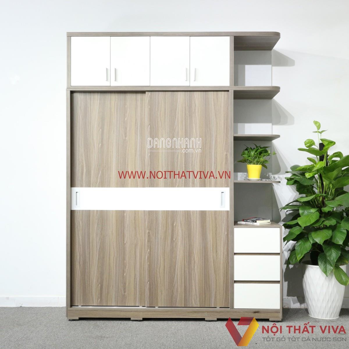 Tủ Quần Áo Sát Trần Cửa Lùa Có Kệ Trang Trí Gỗ MDF Màu Xám Chỉ Trắng Cao Cấp