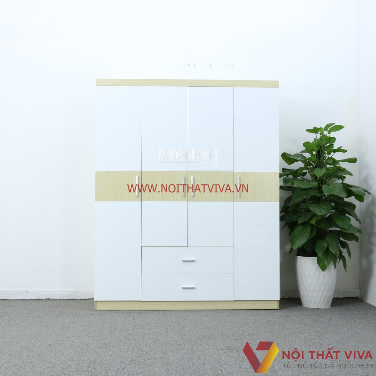Tủ Gỗ Công Nghiệp 4 Cánh Trắng Màu Vàng + 2 Hộc Kéo Đẹp Giá Rẻ