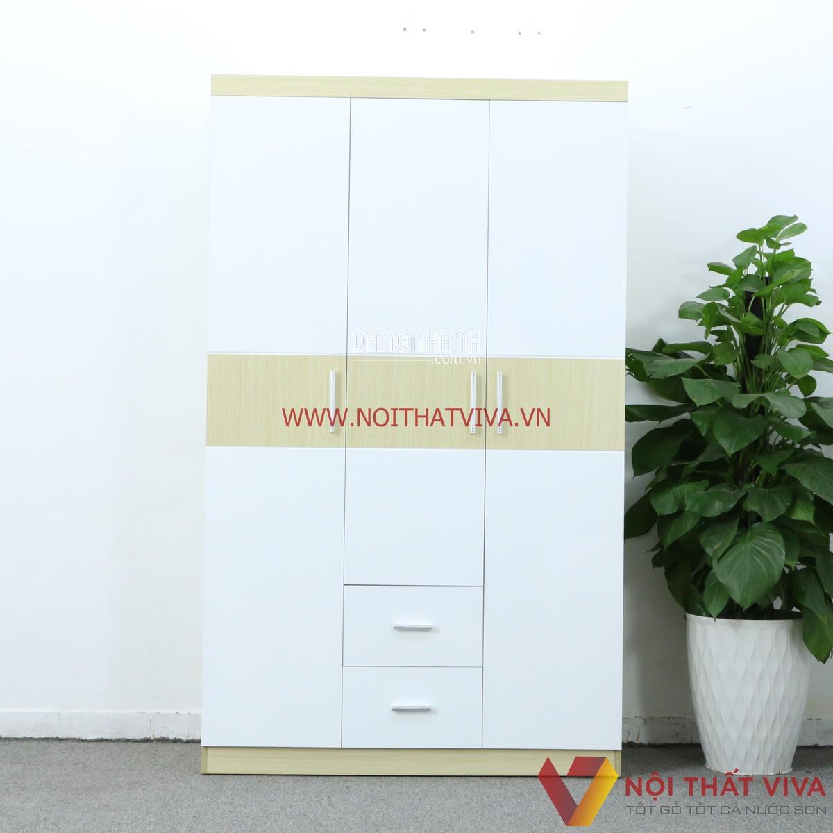 Tủ Gỗ Công nghiệp 3 Cánh Màu Vàng Phối Trắng Chỉ Ngang Đẹp Giá Rẻ