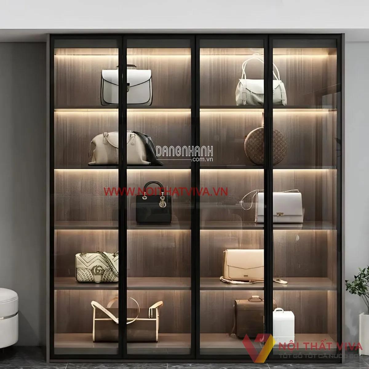 Mẫu Tủ Để Túi Xách Gỗ Công Nghiệp Cánh Kính Kèm Led Hiện Đại