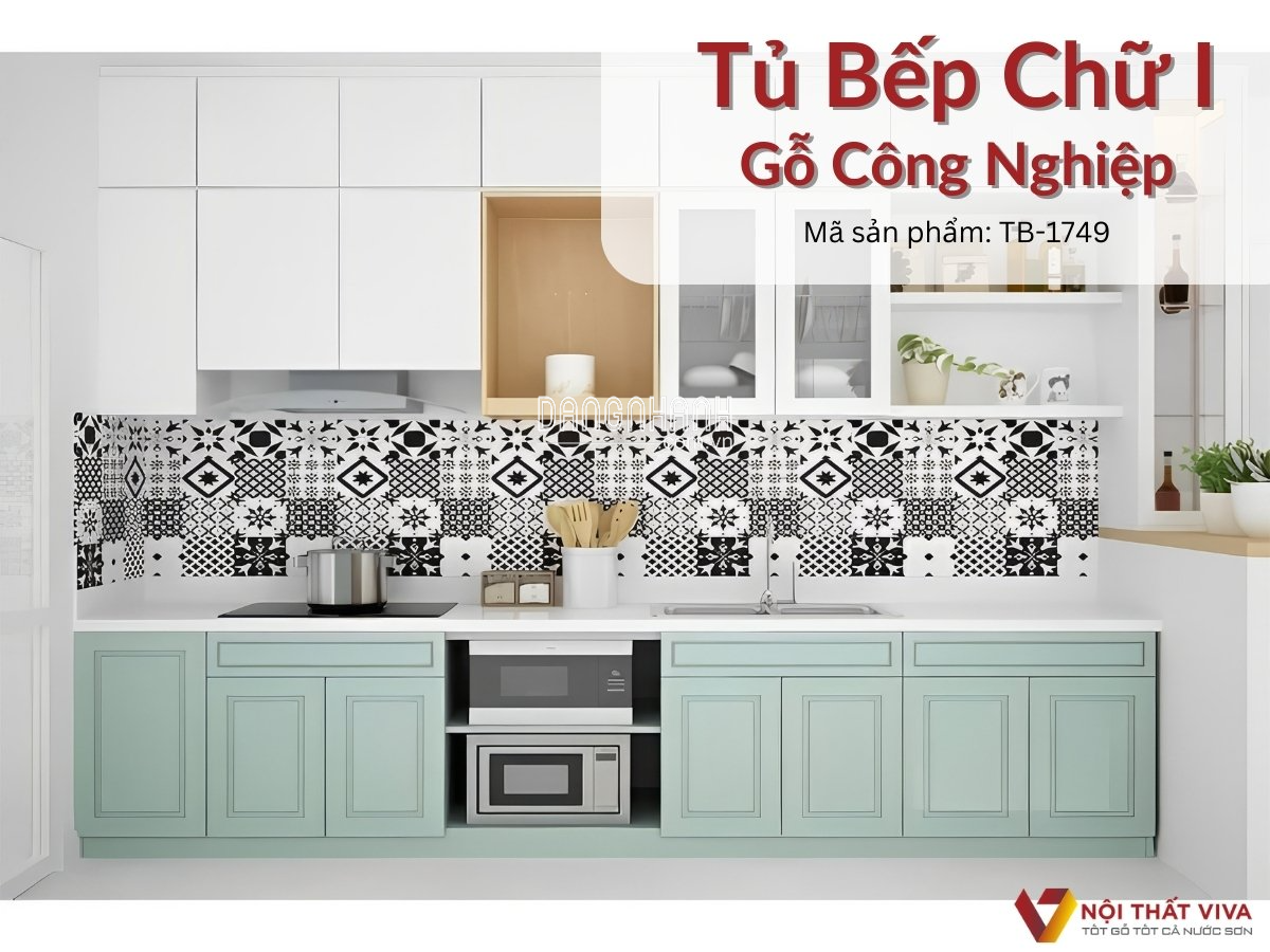  Tủ Bếp Chữ I Dài 3m Gỗ Công Nghiệp Màu Xanh Phối Trắng Đẹp Giá Rẻ