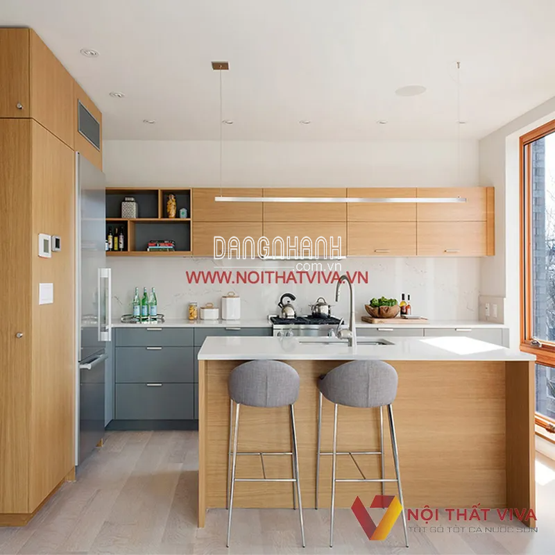  Mẫu Tủ Bếp Gỗ Mdf Phủ Melamine Kết Hợp Đảo Đá Hiện Đại