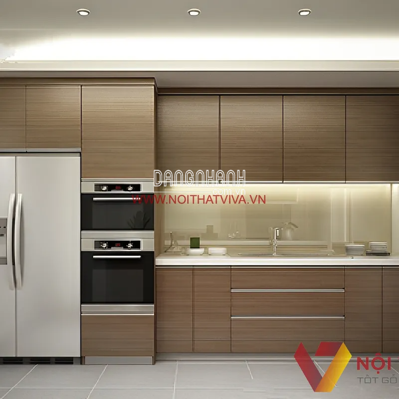 Tủ Bếp Màu Nâu Vân Gỗ - Gỗ MDF Phủ Melamine Cho Phòng Bếp Sang Trọng